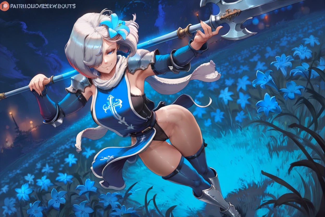 Giant Spear Over Shoulder, Shiny Skin, Blue Highlights Hentai IA