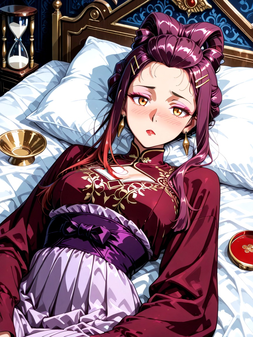 All Deep Purple Hair Is Fully Pinned Up In A Formal Imperial Court Hairstyle, High Angle, Deep Maroon Outer Skirt Hentai AI Porn