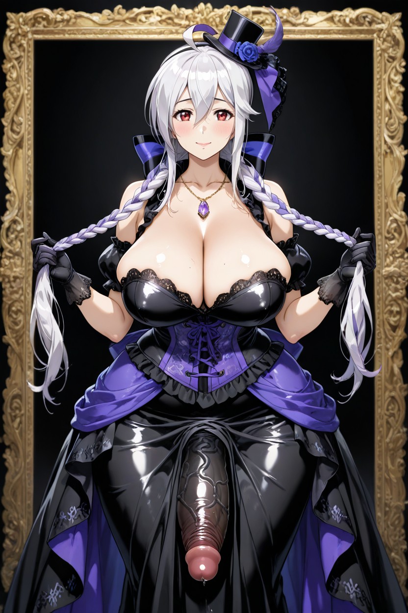 Medium Ass, Gothic-style Dress Featuring A Fitted Black Bodice With Purple Corset-style Lacing, Red Eyes Hentai AI Porn