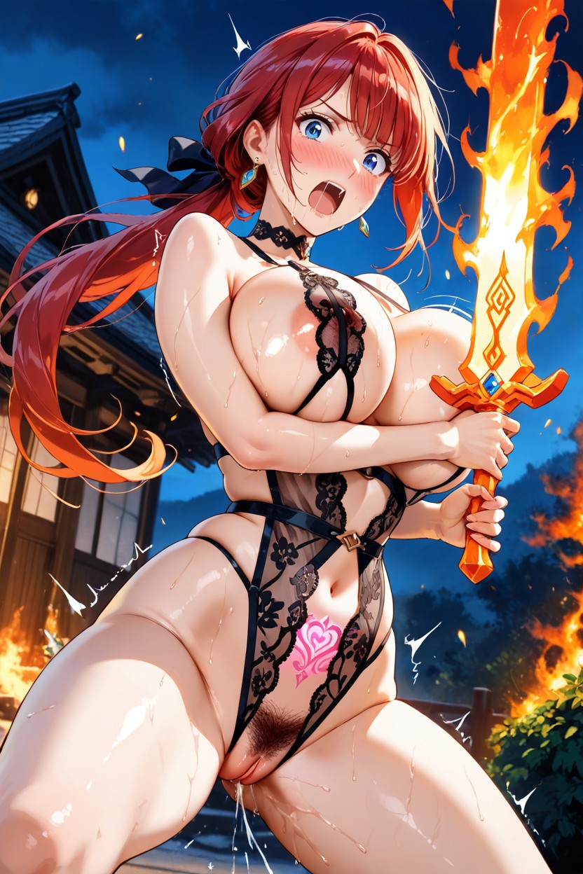 Large And Expressive Bright Blue Eyes, Trembling, Revealing Lace Sexy Lingerie Porno IA Hentai