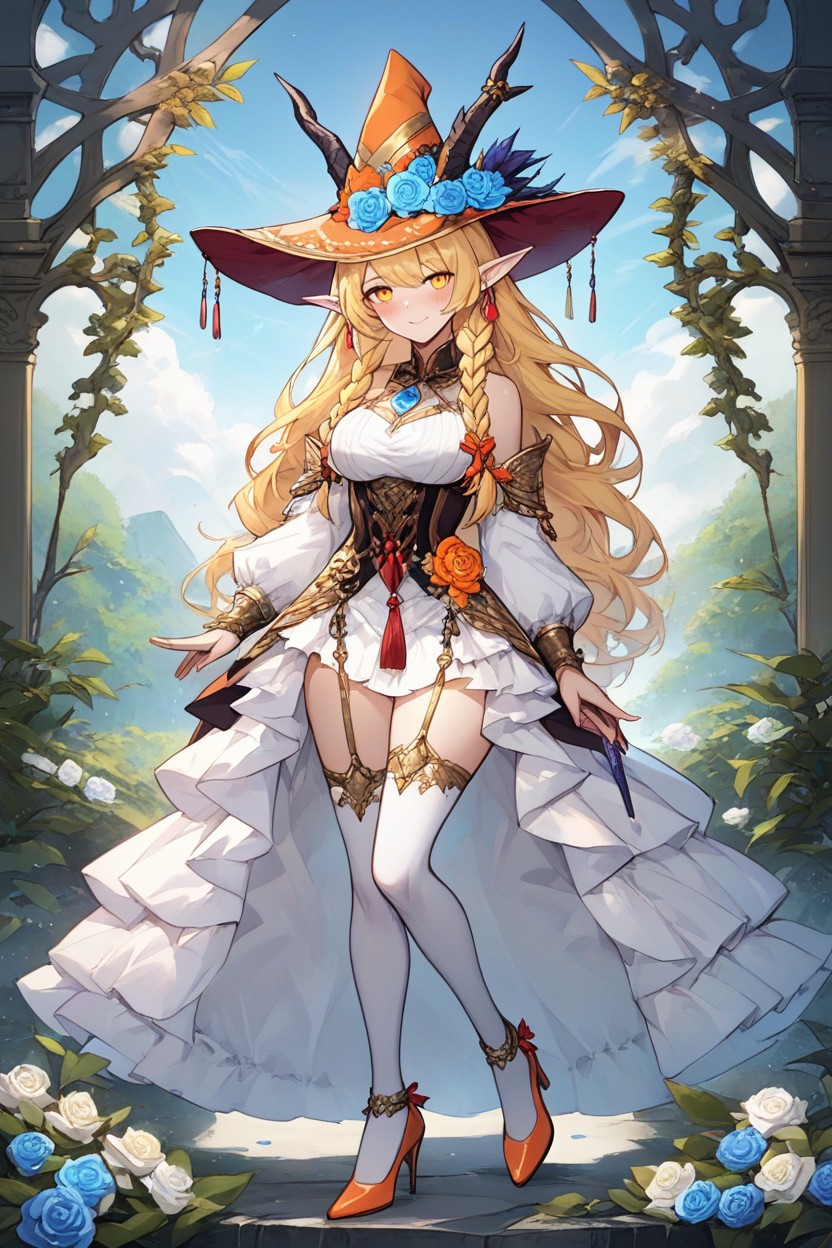 Gold, Emphasizing Her Fantasy Origins Outfit Her Dress Combines Warm Autumn Colors—orange, Cream Hentai IA