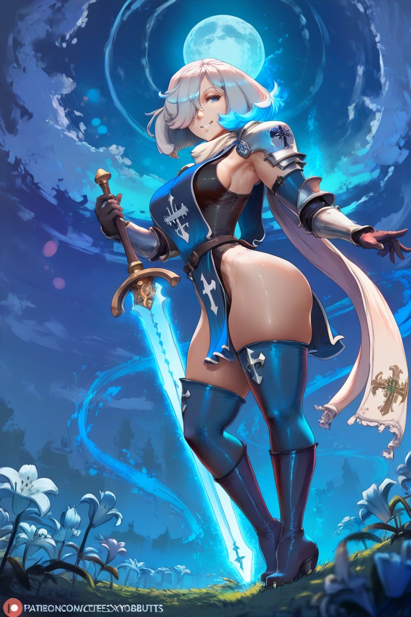 Standing, Silver Hair, Blazing Blue Fire Trails Coming From Her Sword Hentai KI Porno
