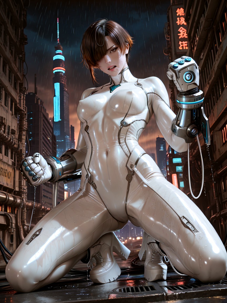 White Recessed Seams & Technical White Contour Lines Throughout Her Entire Body & Emphasising Her Physique, Fully Clothed, Solid White Full Bodysuit Base Layer Completely Covering The Entire Body Hentai IA