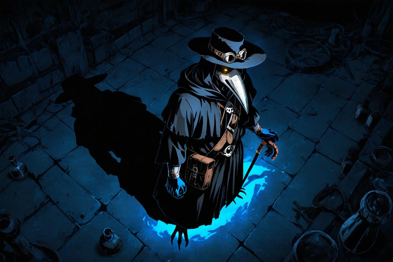 Iconic Long Beak Mask With Round Glass Goggles, Hades Game Art Style, Eerie Oppressive Atmosphere Hentai IA