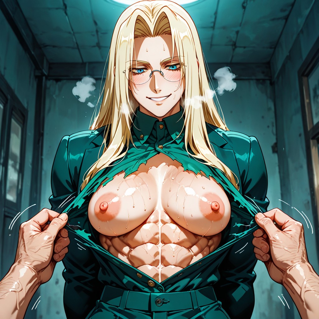 Nipples Visible, Dark Green Suit With A Red Cravat, Shiny Skin Hentai AI Porn