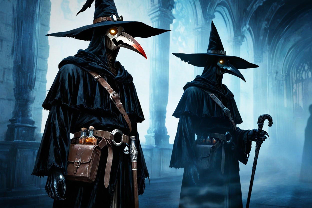 Dark Brown, High Angle View From Below Looking Up At Plague Doctor, Wide-brimmed Black Hat Clearly Visible On Head Casting Deep Shadow Hentai AI Porn