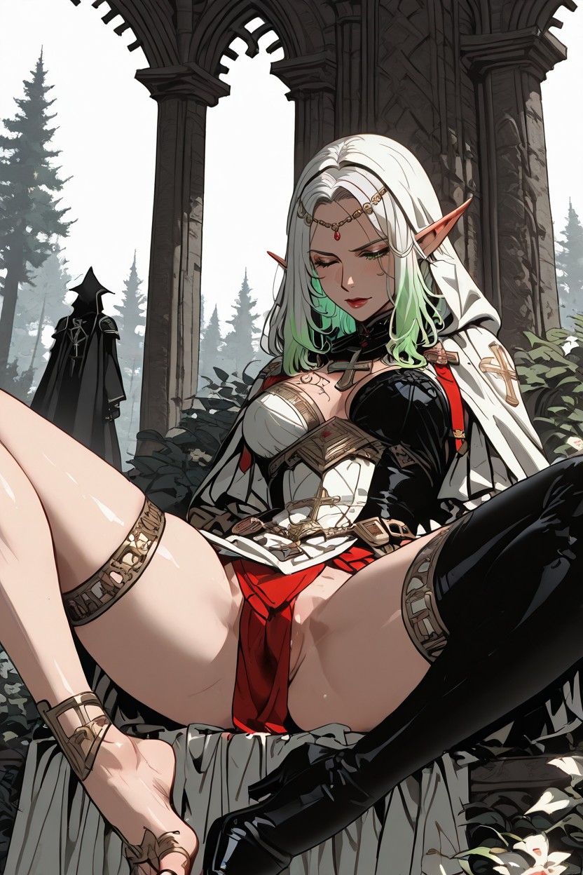 Verde-esmeralda E Verde-claro, Pele Clara E Levemente Iluminada Cabelo Longo, Multi Colored Hair Hentai AI Porn