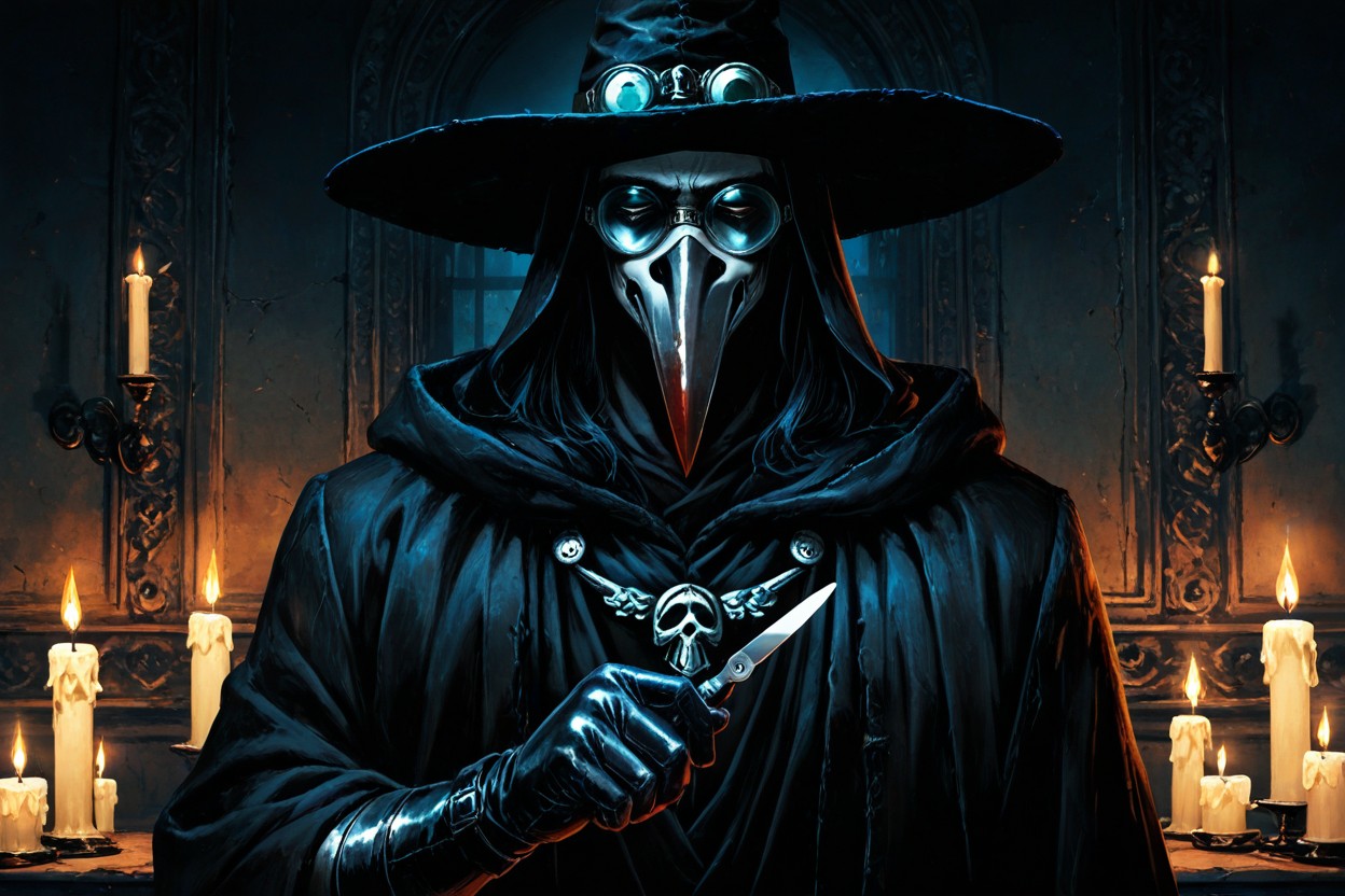Tarnished Metal Details, Cold Gray, Plague Doctor Facing Viewer Hentai AI Porn