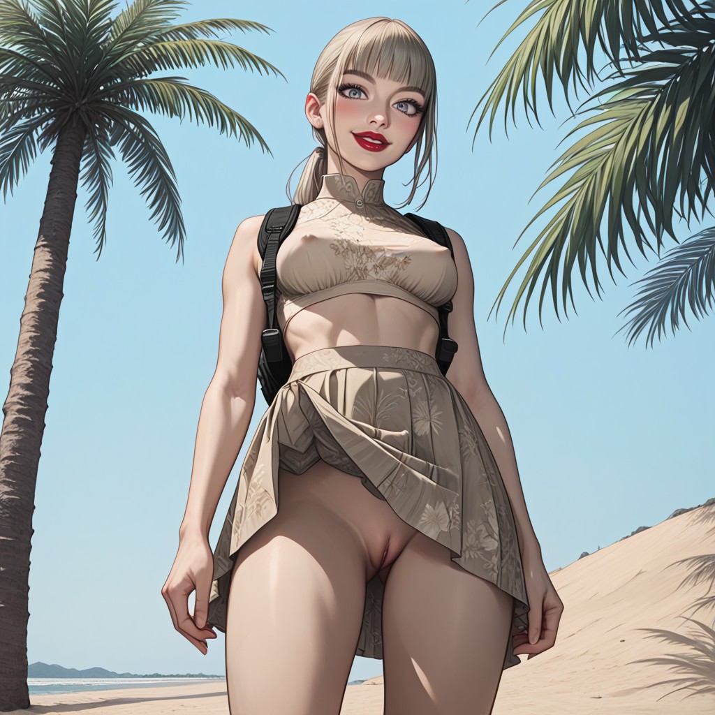 Delgada, Pechos Medianos, Beige Floral Top Lift Hentai IA