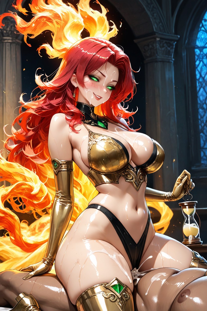 Long Wavy Copper-red Hair, Cumshot, Squating On Dick Hentai AI Porn
