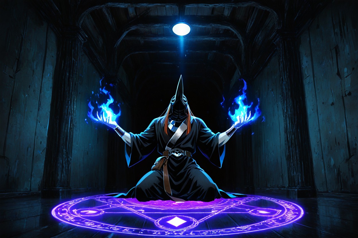 Wide-brimmed Black Leather Hat With A Low Cylindrical Top, Complete Darkness Surrounding The Scene, Massive Towering Figure Completely Hidden Inside An Oversized Shapeless Black Robe Hentai IA