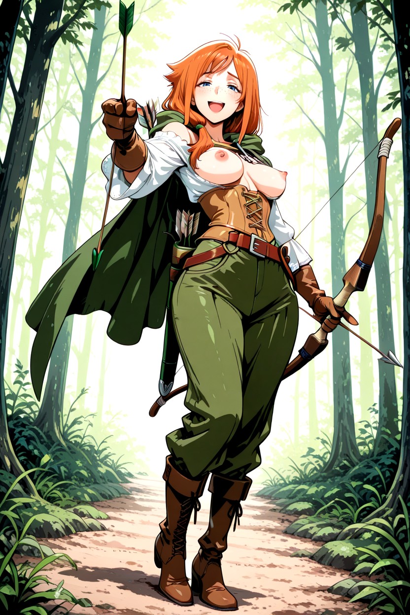 Brown Leather Gloves, Medium Breasts, Medium Ginger Hair Hentai AI Porn
