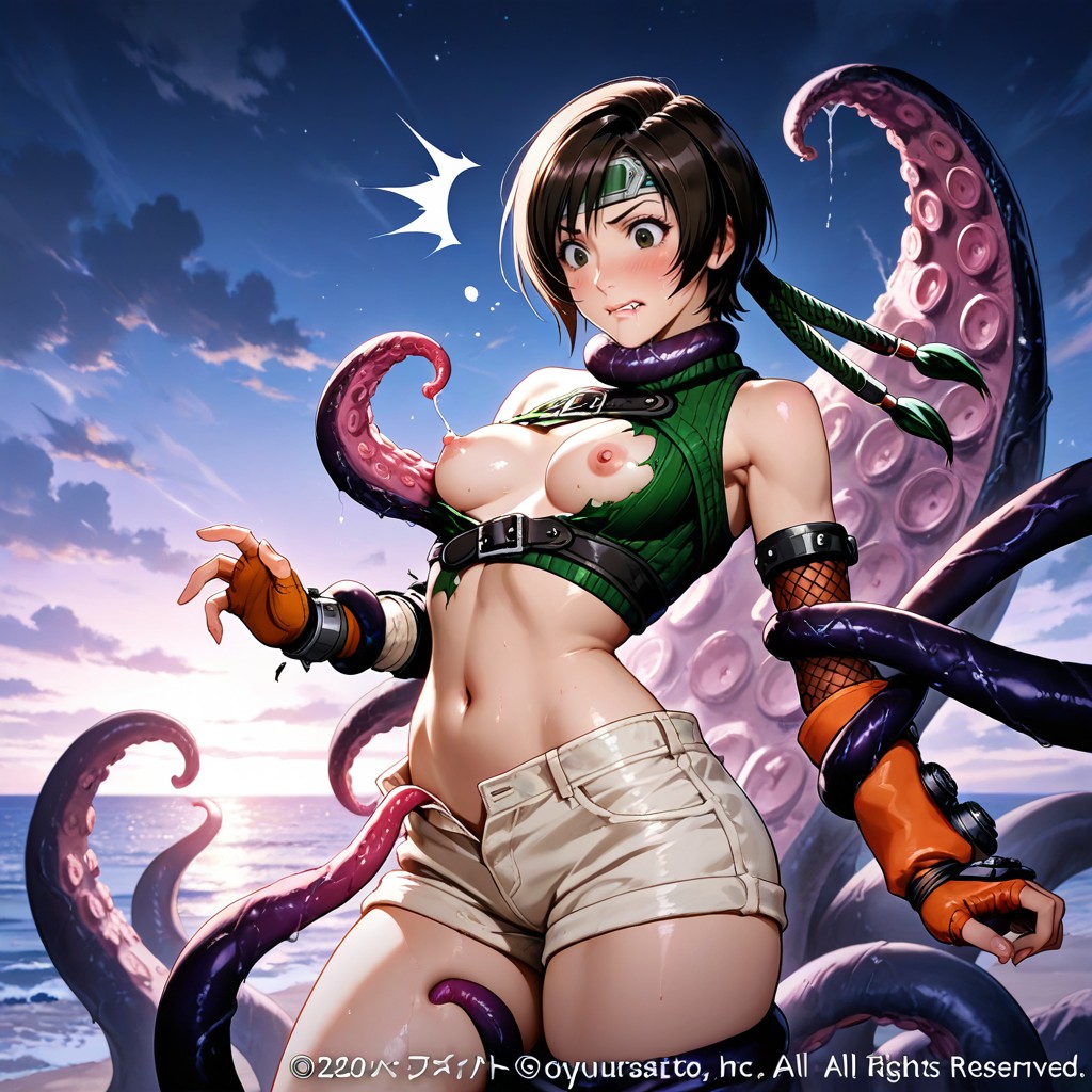 Hourglass Figure, Tentacles Follow Her, Yuffie Walking On The Beach At Night Hentai AI Porn