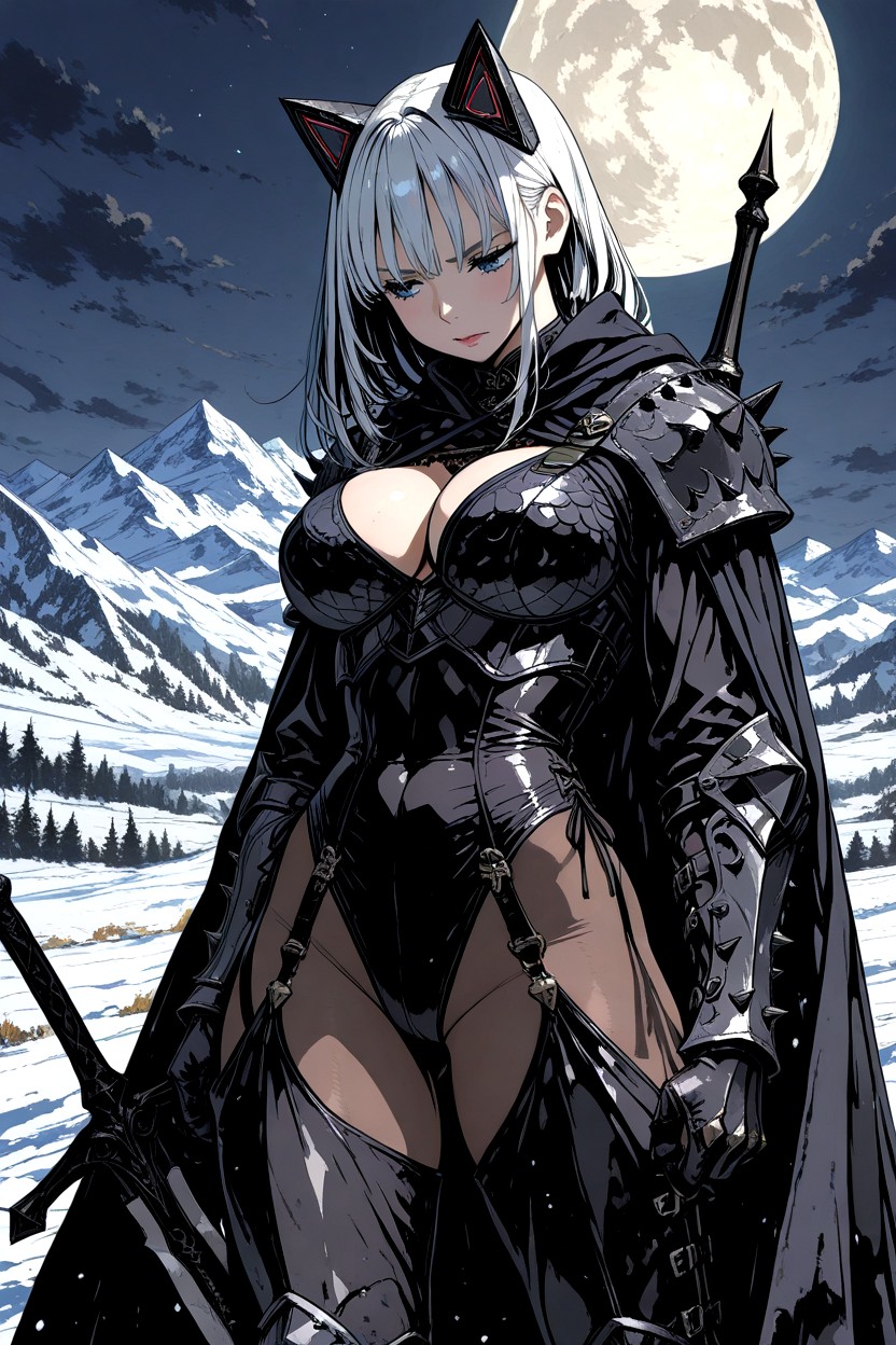 Wearing Very Revealing Open Tight Brown Leather Chest Armour With Metal Shoulders, Five Fingers, Illustration Overall Hentai AI Porn