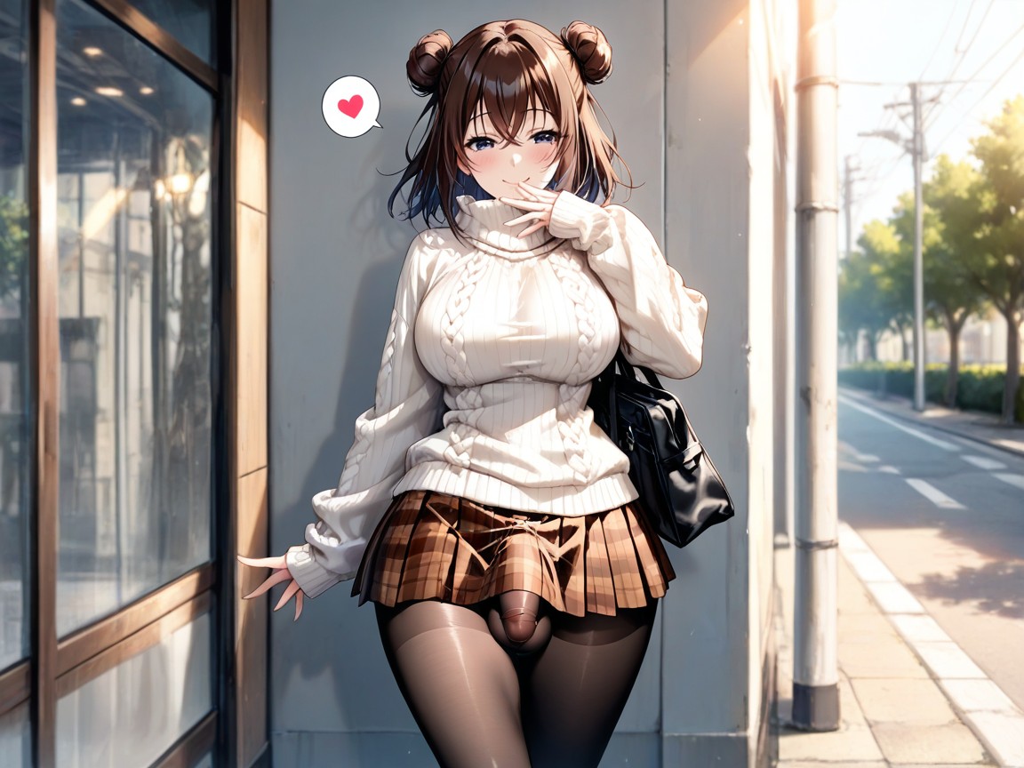 Wearing Pleated Miniskirt In Brown Tartan Check Pattern With Brown, Flaccid Penis, Smile Porno IA Hentai