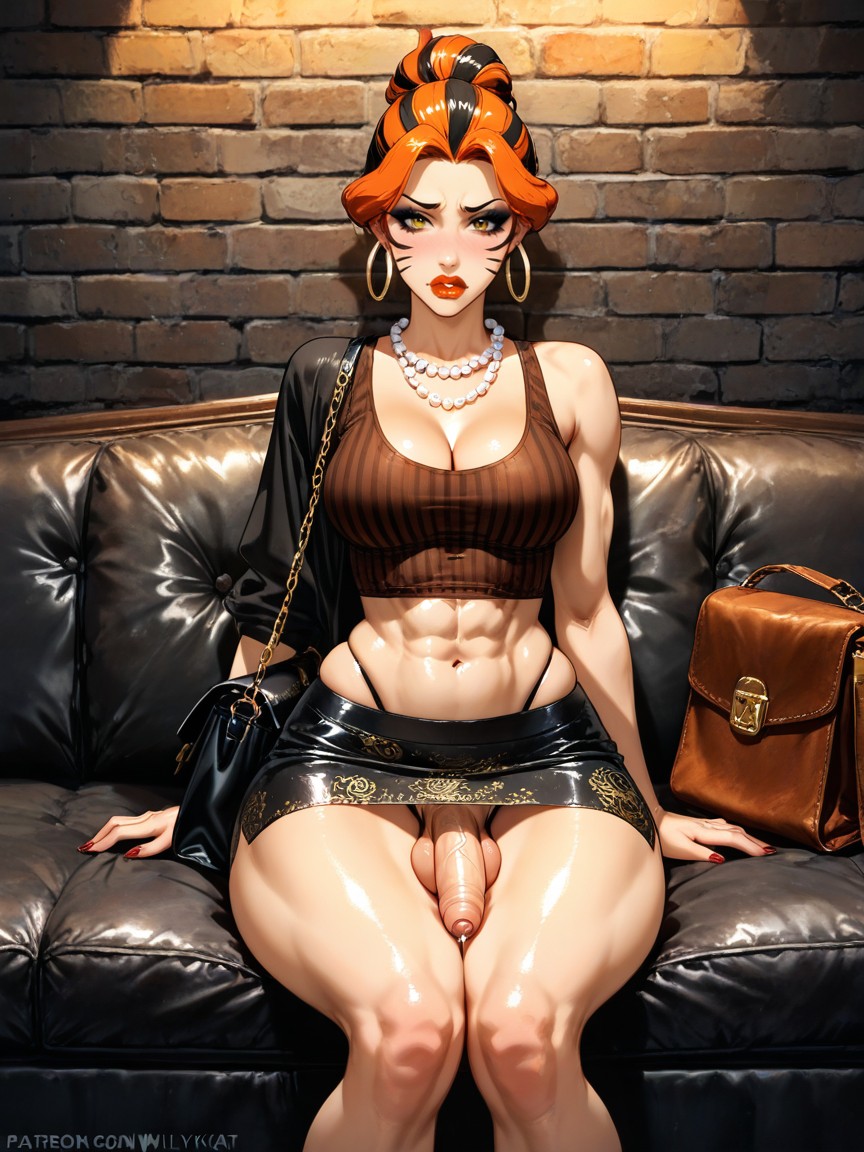 Bimbo, Striking Orange/auburn Hair Patterned With Thick, Makeup And Defined Long Eyelashes Hentai AI Porn