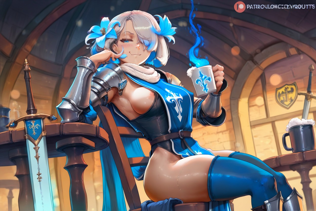 Sword On Table, Single Blue Lily In Hair, Blue Eyes Hentai AI Porn