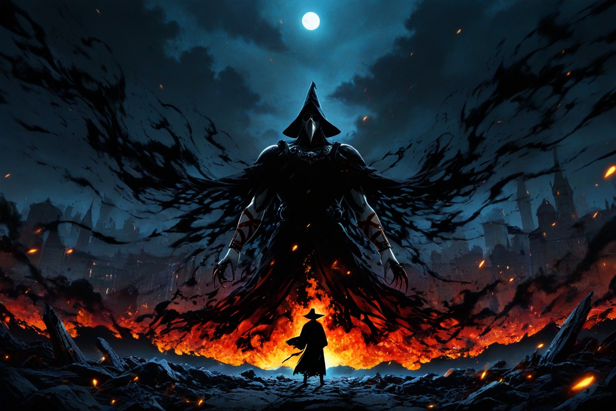 Bold Black Outlines, Looking Out At A Medieval City Burning In The Distance, Hades Game Art Style Hentai AI Porn