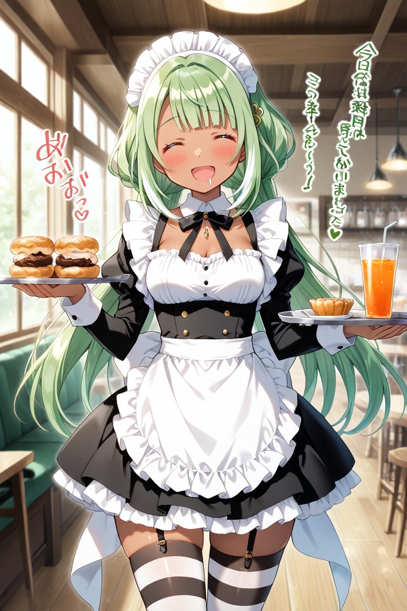 French Maid, Dark Skin, Green Hair Center Flap Bangs Hentai AI Porn