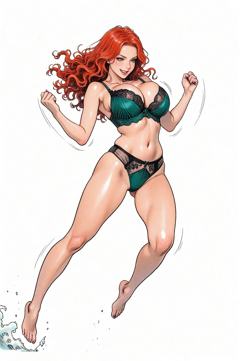 Ginger, Green Eyes, White Background Hentai AI Porn