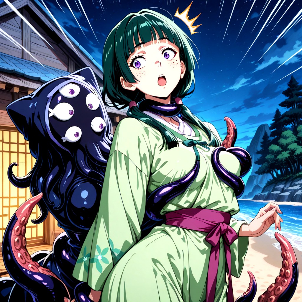 Wispy Bangs, Tentacles Stalk Her From Behind, Wearing A Simple Chinese Ancient Robe Hentai AI Porn