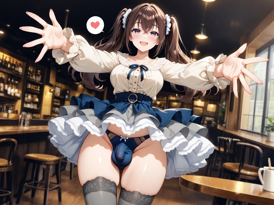 Showing Cock Bulge In Layered Skirt, Outstretched Arms, Middle Hair Hentai AI Porn
