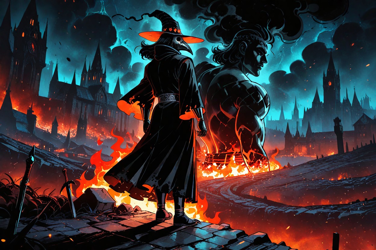Iconic Long Beak Leather Mask Profile Visible, Looking Out At A Medieval Town Burning In The Distance, Full Body Shot From Behind Hentai AI Porn
