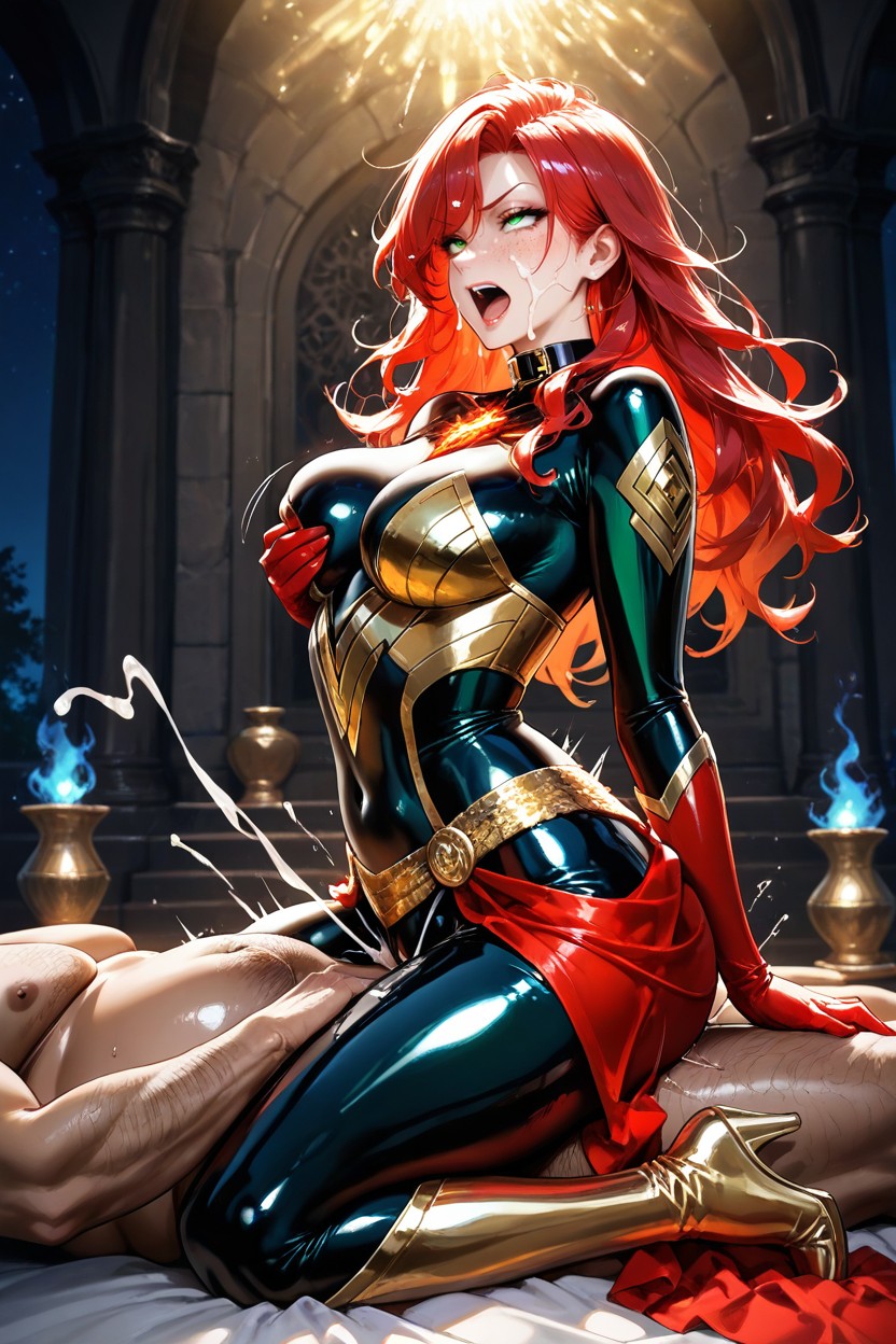Metallic Gold Phoenix Chest Ornament, Night, Submissive Female Hentai AI Porn