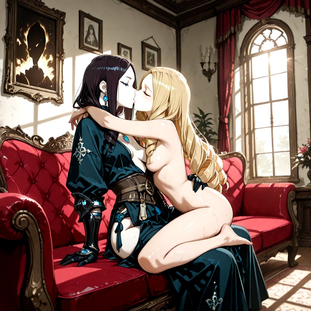Body Silhouetted By The Bright Light, Sitting Together On A Luxurious Red Sofa, Soft Drooping Meagre Breasts Hentai AI Porn