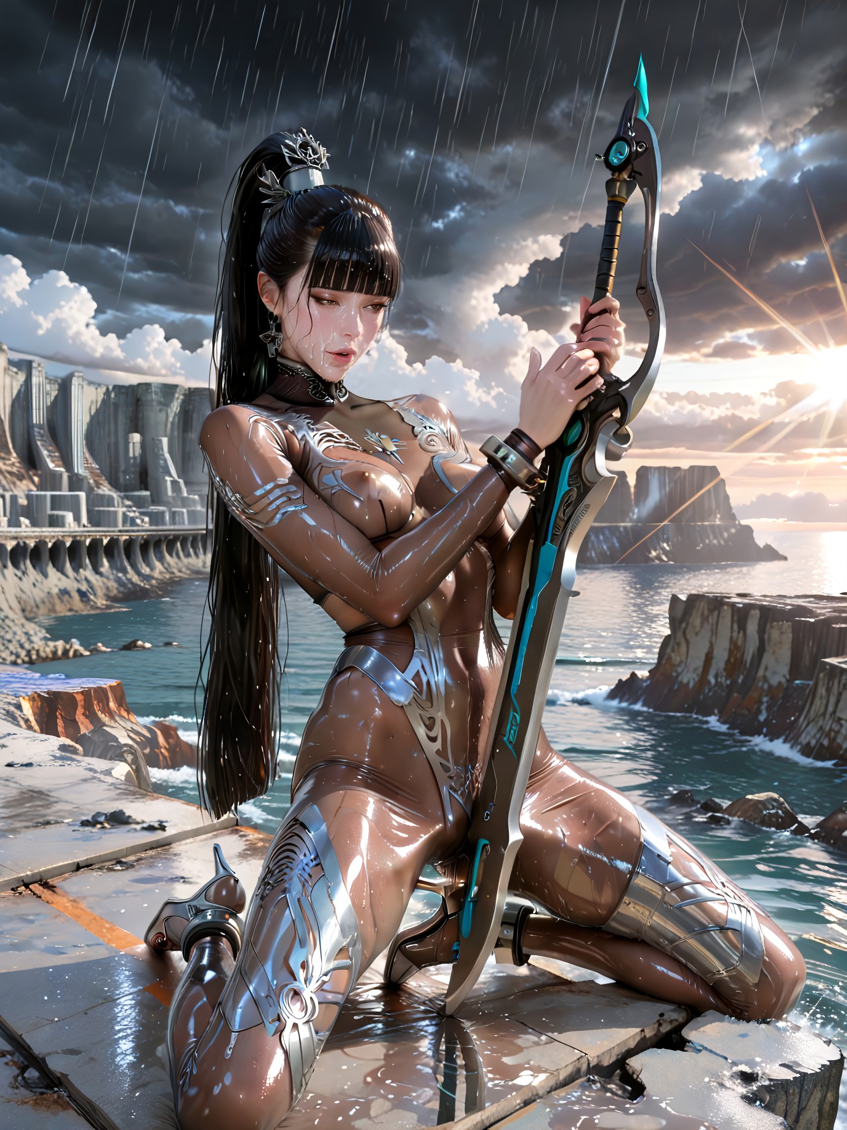Eve From Stellar Blade, Metal Grey Wrist Handcuff & Ankle Bands, Shiny Oiled Skin Hentai AI Porn