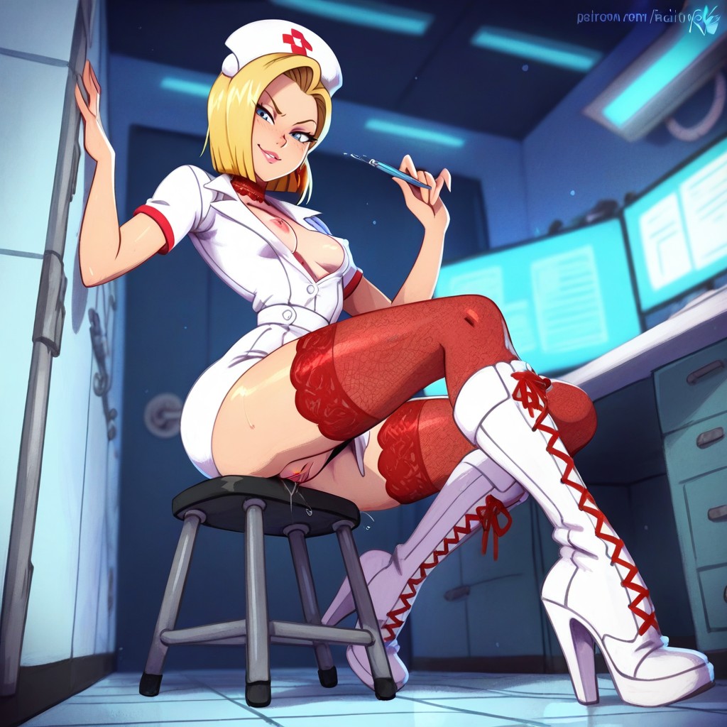 Pussy Juice, Female Wearing White Nurse Outfit, Long Eyelashes Hentai AI Porn