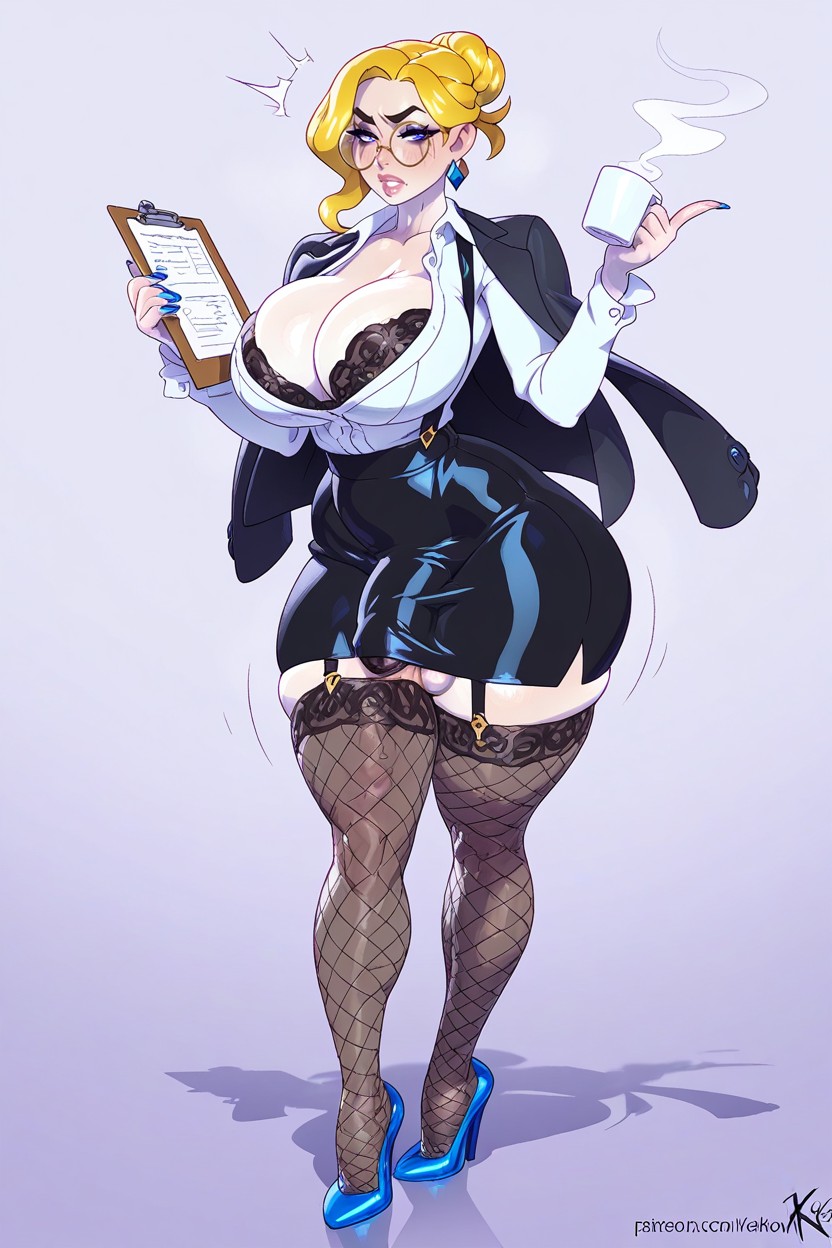 Perfect Body, Unbuttoned White Dress Office Shirt On Shoulders, Standing Modeling Hentai AI Porn