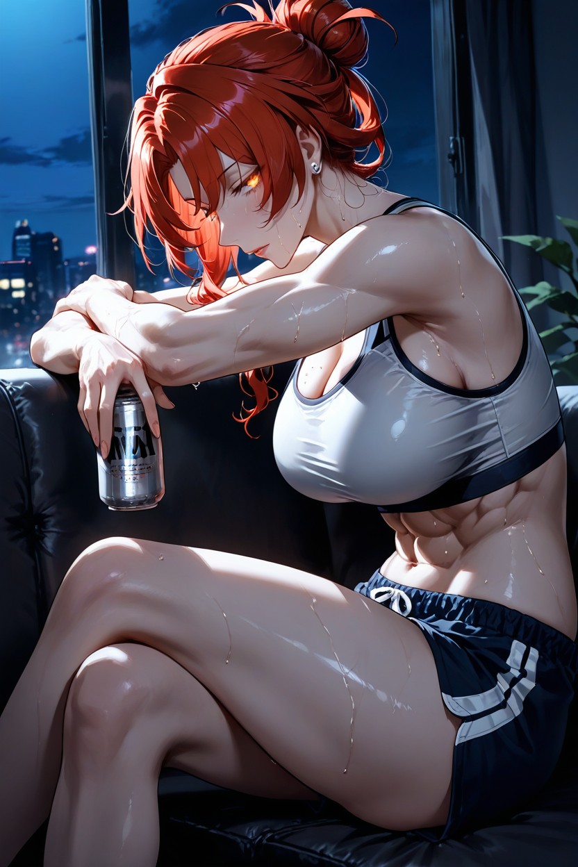 Night, Sitting Back With Arms Put On Backrest And Hanging, Looking Down At The Viewer Hentai IA