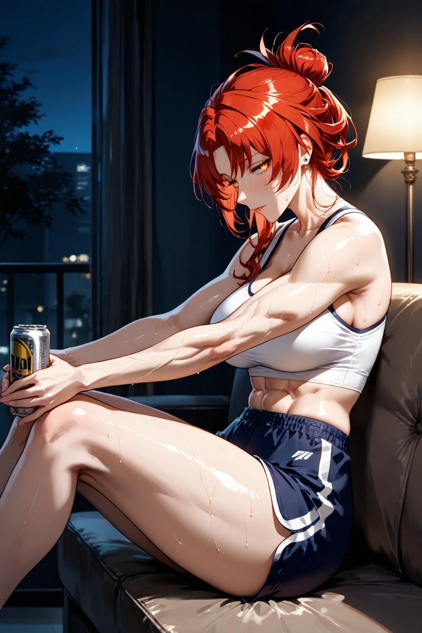 On Sofa, Red Hair, Sitting Back With Arms Put On Backrest And Hanging Porno IA Hentai