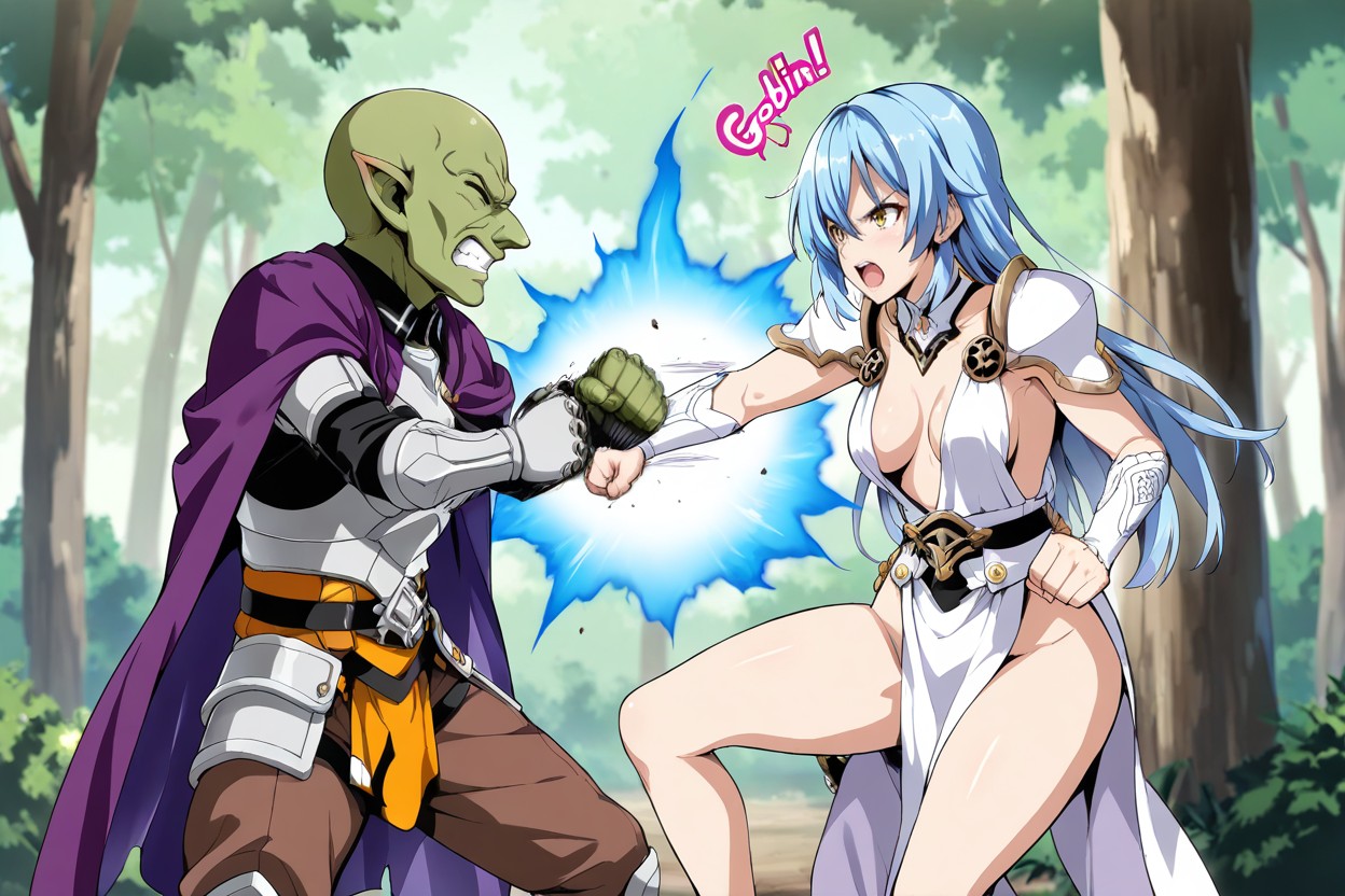 Brown Pants Female Radiating A Divine Pupple Aura, Female With A Purple Cape Combat Stance, Combat Stance Hentai AI Porn