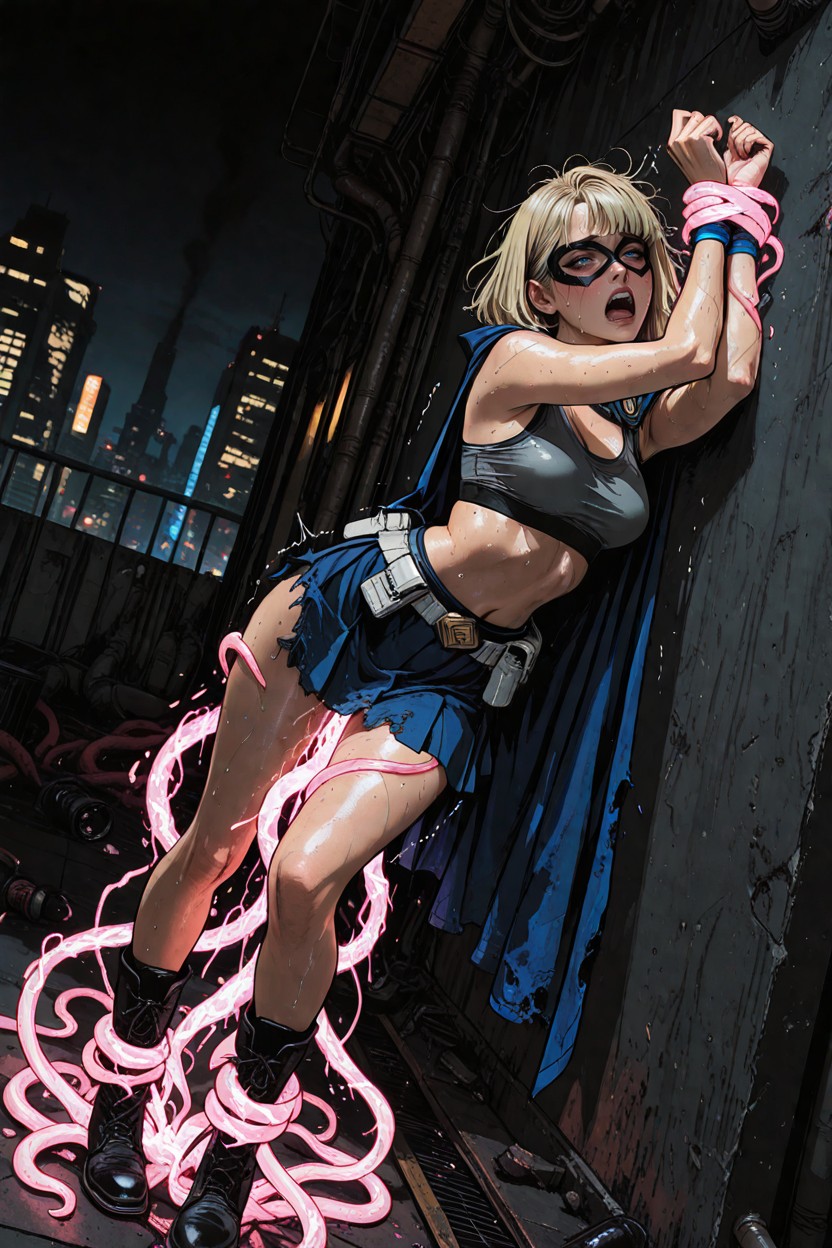 Tentacles Are Ripping Off Her Tanktop, Restrained, Ripped Blue Compression Tanktop Hentai AI Porn