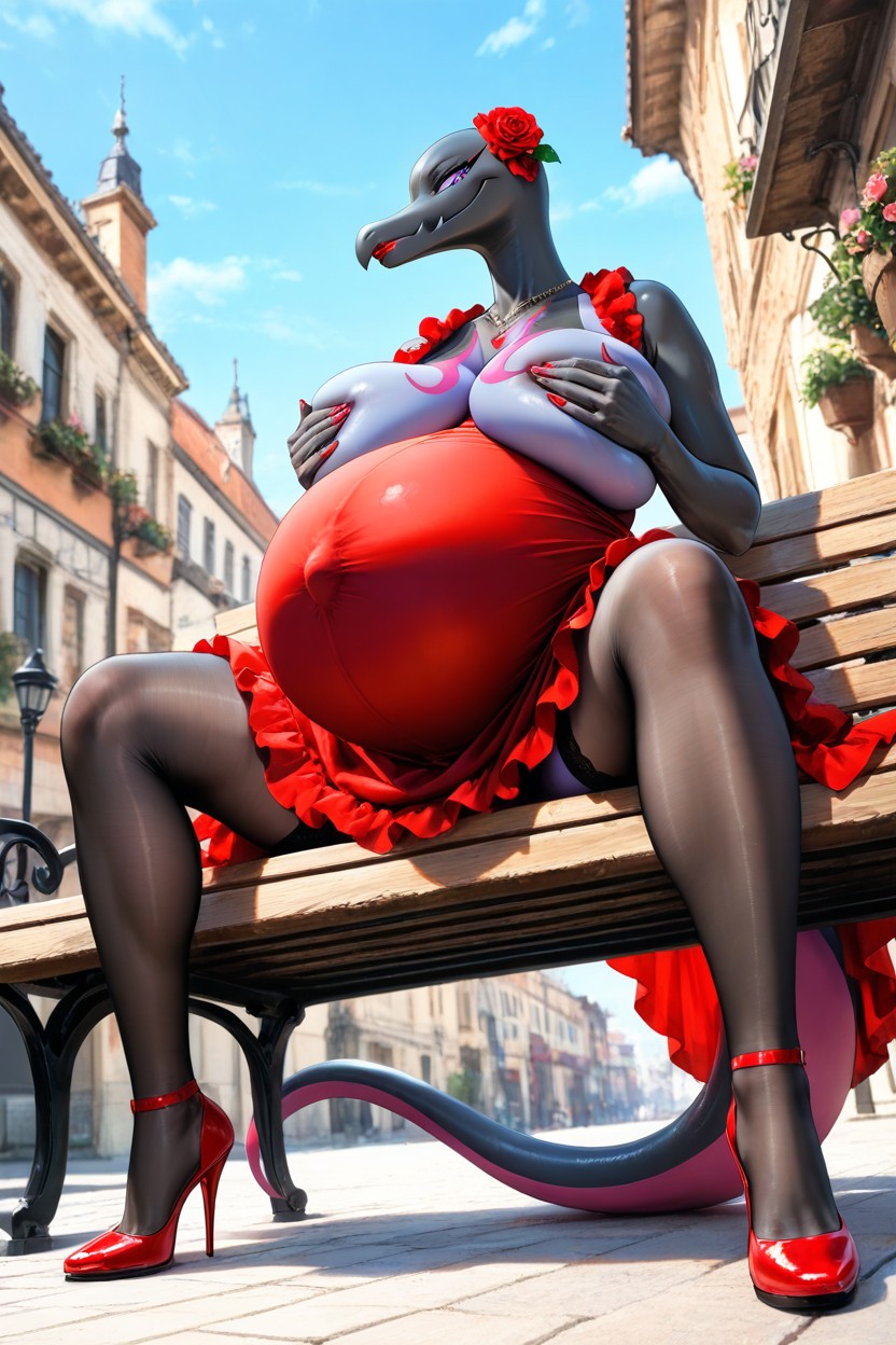 Dress With Dark Red Frills, Close Up, Rose Necklace Porno IA Hentai