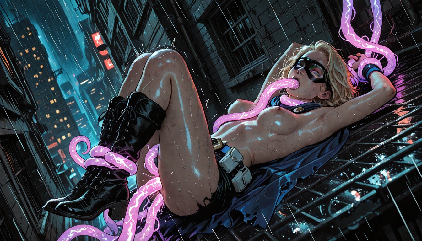 Raining, 18+, Glowing Purple Magical Tentacles Wrapping Around Body Hentai AI Porn