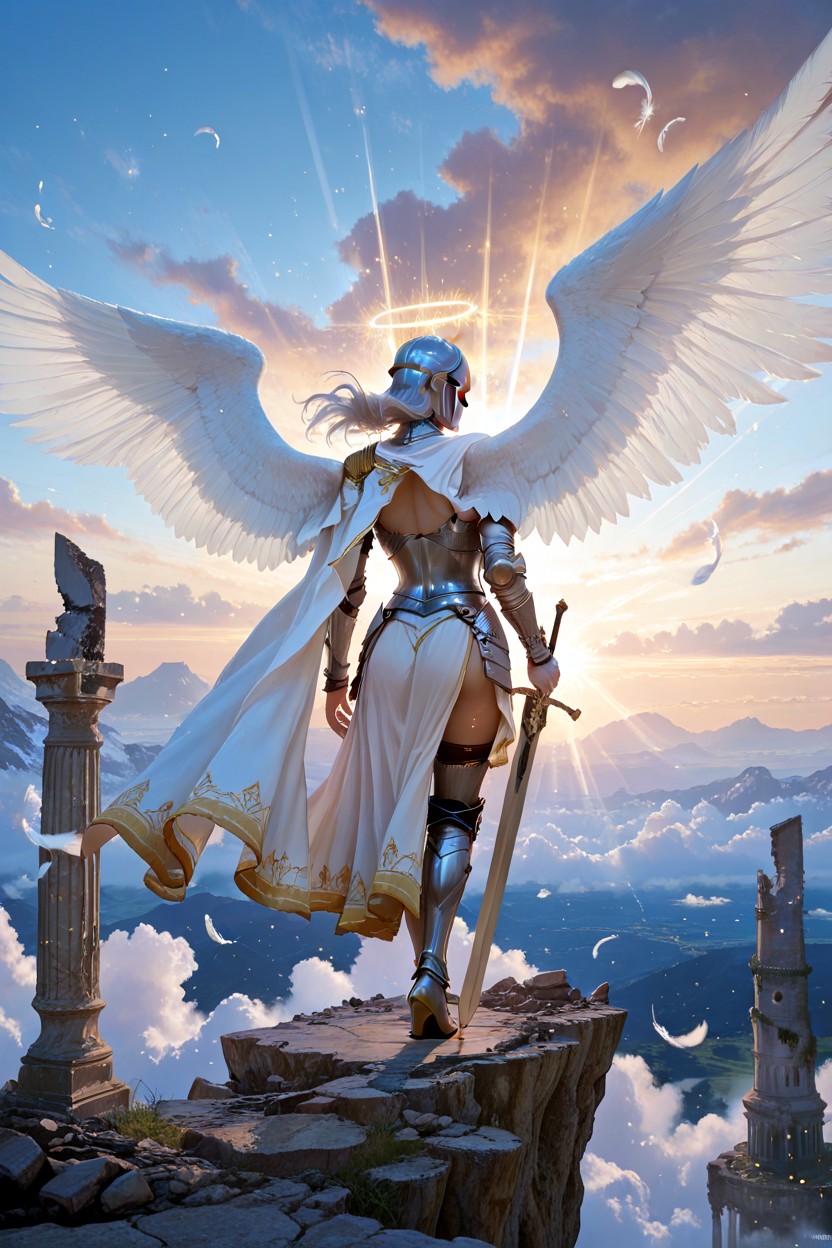Ultra-realistic, Surrounded By Floating Feathers And Shimmering Particles The Knight Gazes Upward In Silent Awe And Reverence, Hyper-detailed Porno IA Hentai