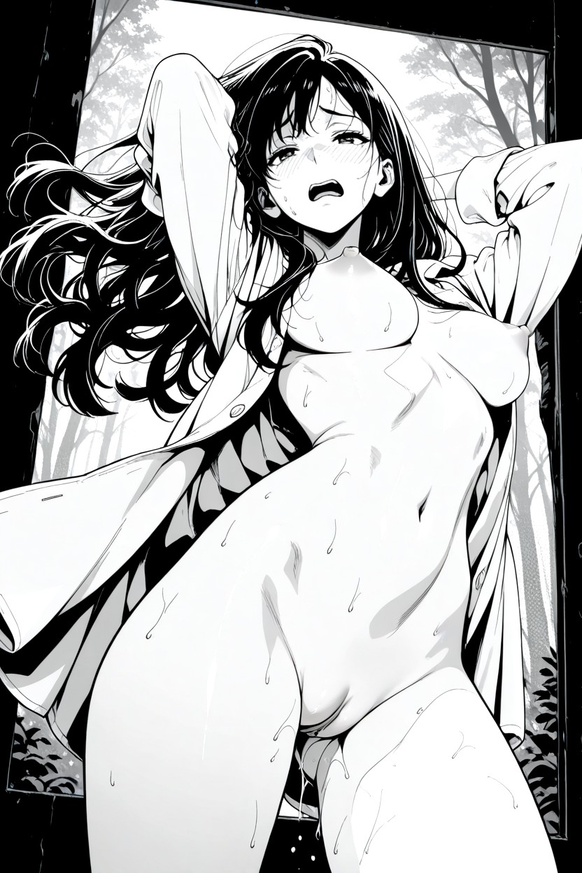Medium Breasts, Wind Blowing Hair, High Contrast Black And White Ink ヘンタイAIポルノ