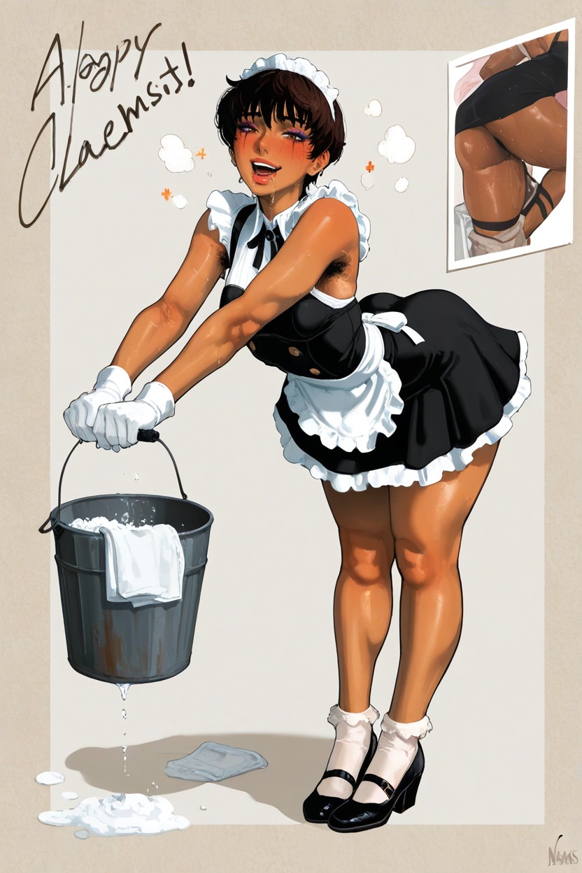 Highly Detailed View Of A Glossy White And Black Sleeveless Maid Dress, Large Expressive Eyes, Very Exective Makeup Hentai IA