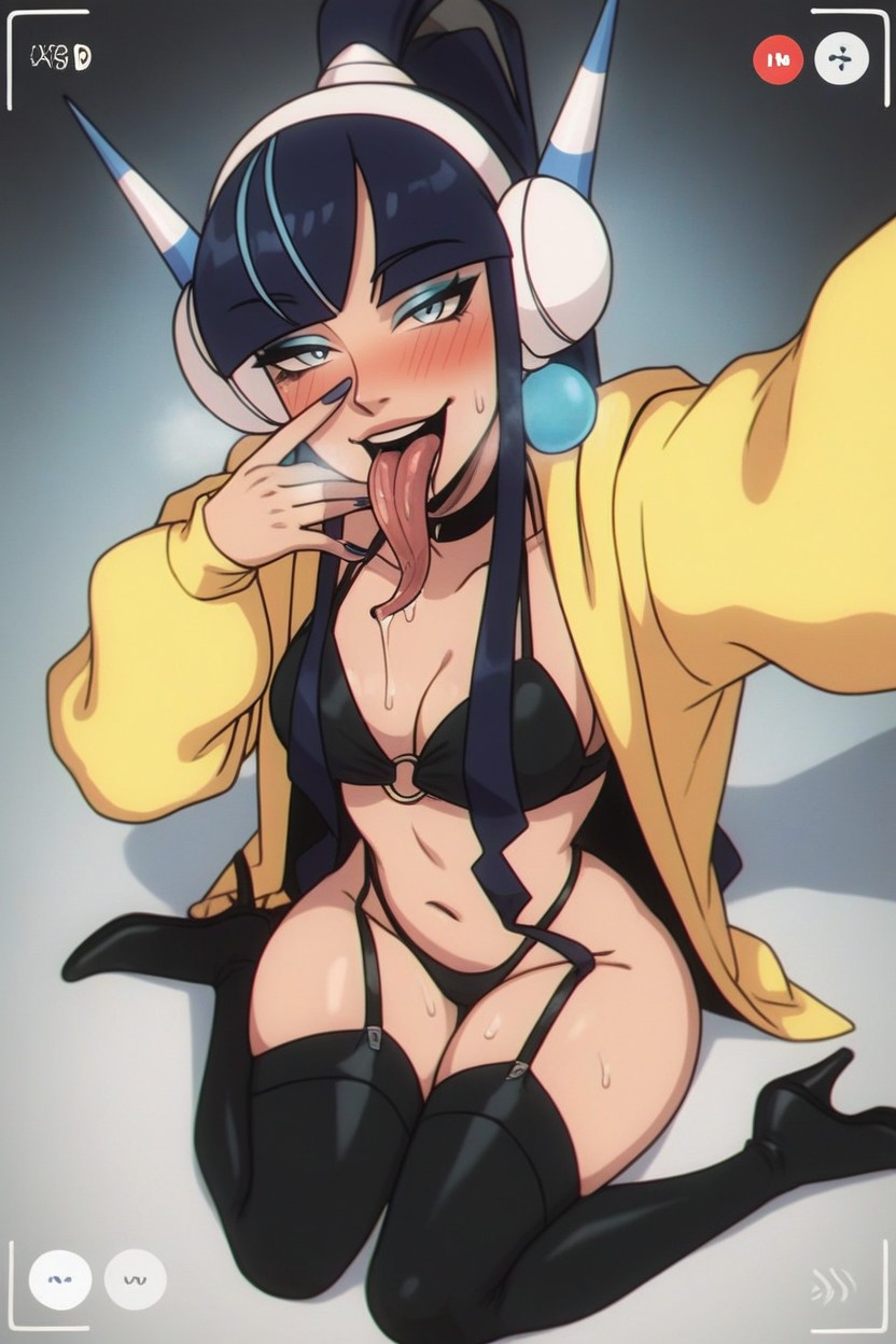 Slutty Flirtatious Pose, Hair Up In A Tight High Ponytail, Horny Cross-eyed Face Hentai AI Porn