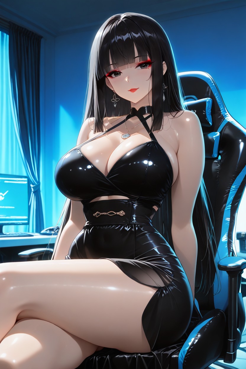 Night, Computer And Gaming Equipment On The Table, Black Halter Neck Hentai AI Porn