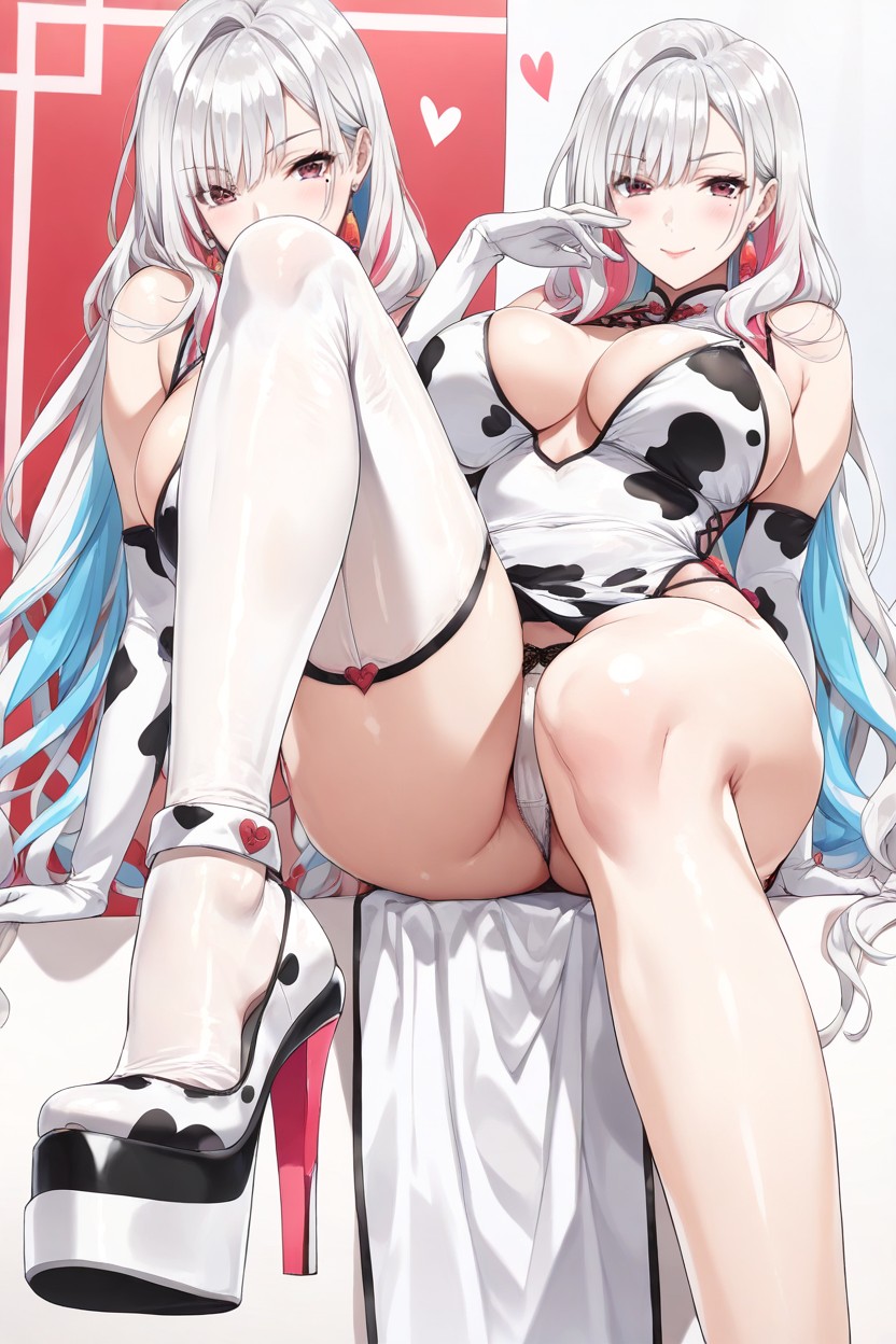 One Leg Folded, Cowprint Gloves, Highly Detailed Hentai AI Porn