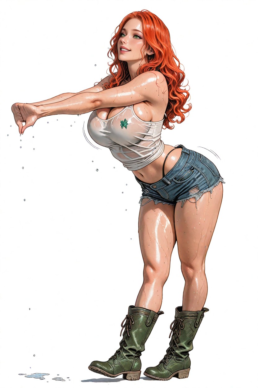 Stomach Shown, Green Eyes, Ginger Hentai AI Porn