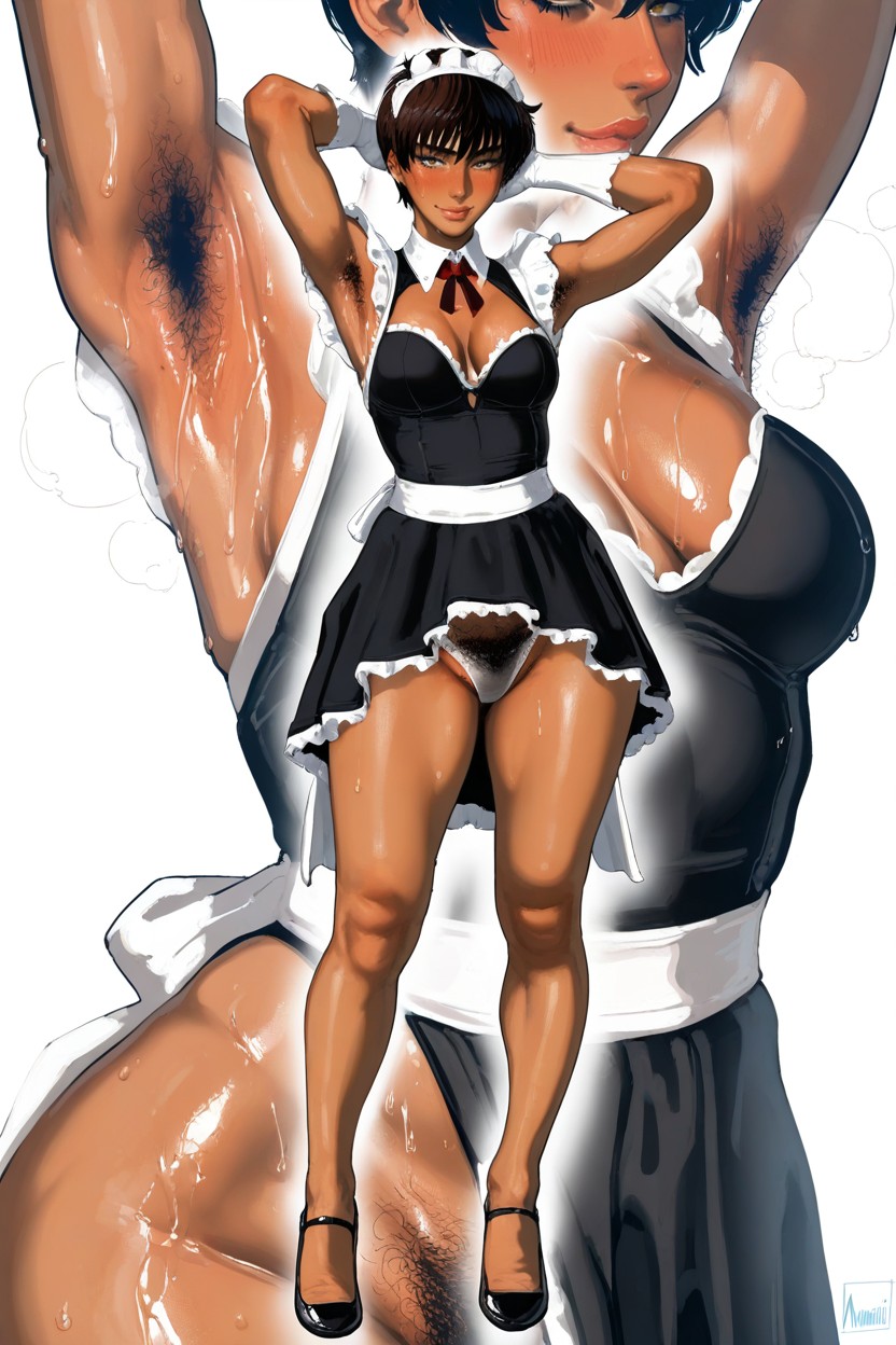Oversized Armpits, Smooth Glossy Skin With Strong Specular Highlights And Sweat Droplets, Armpit Hair Hentai AI Porn