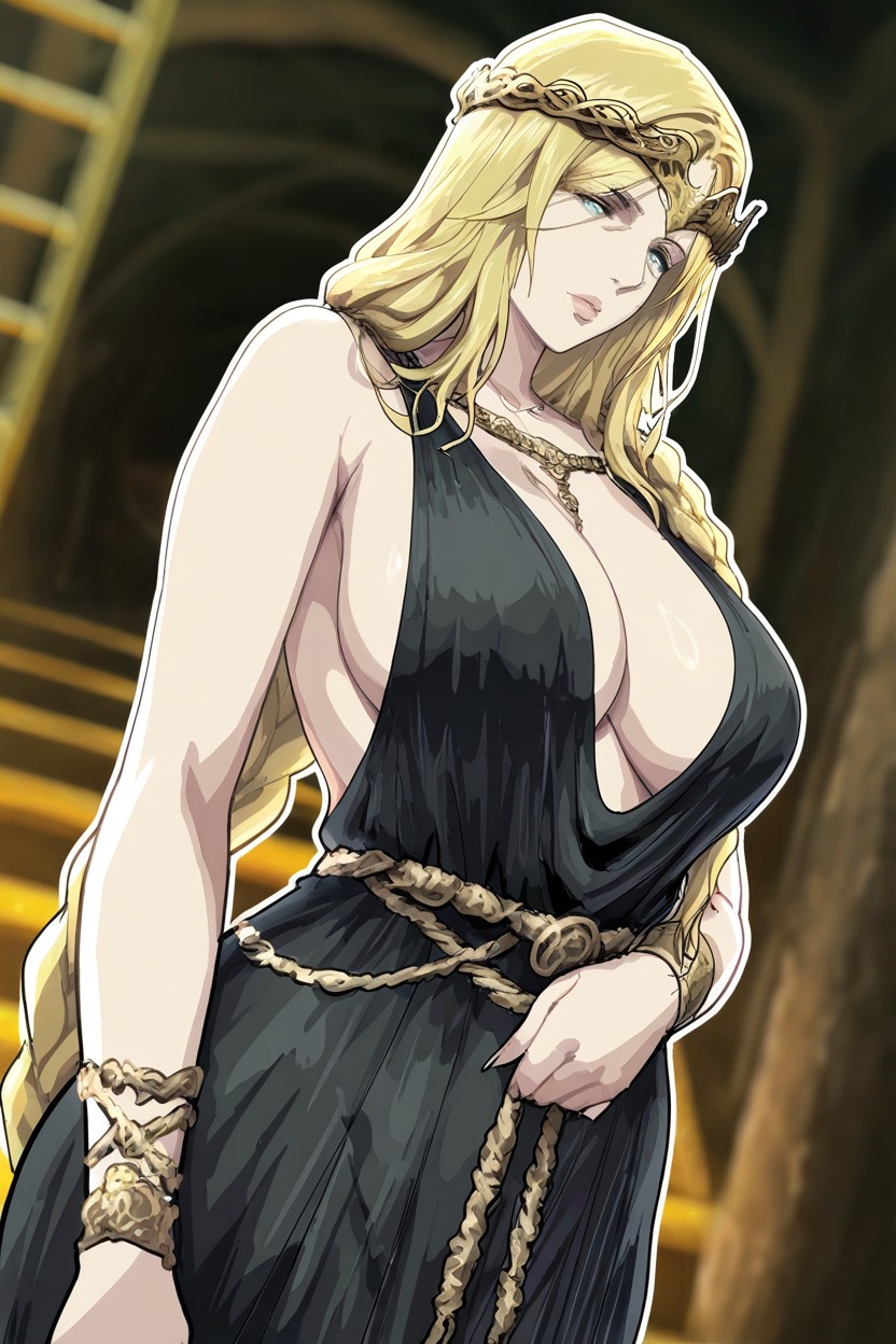 Long Golden Hair, Long Skirt Dress, Black Fabric ヘンタイAIポルノ