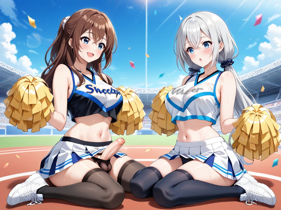 Wearing White Crop Top With Blue Piping, Middle Hair, Hair Scrunchie With Light Blue Hentai AI Porn