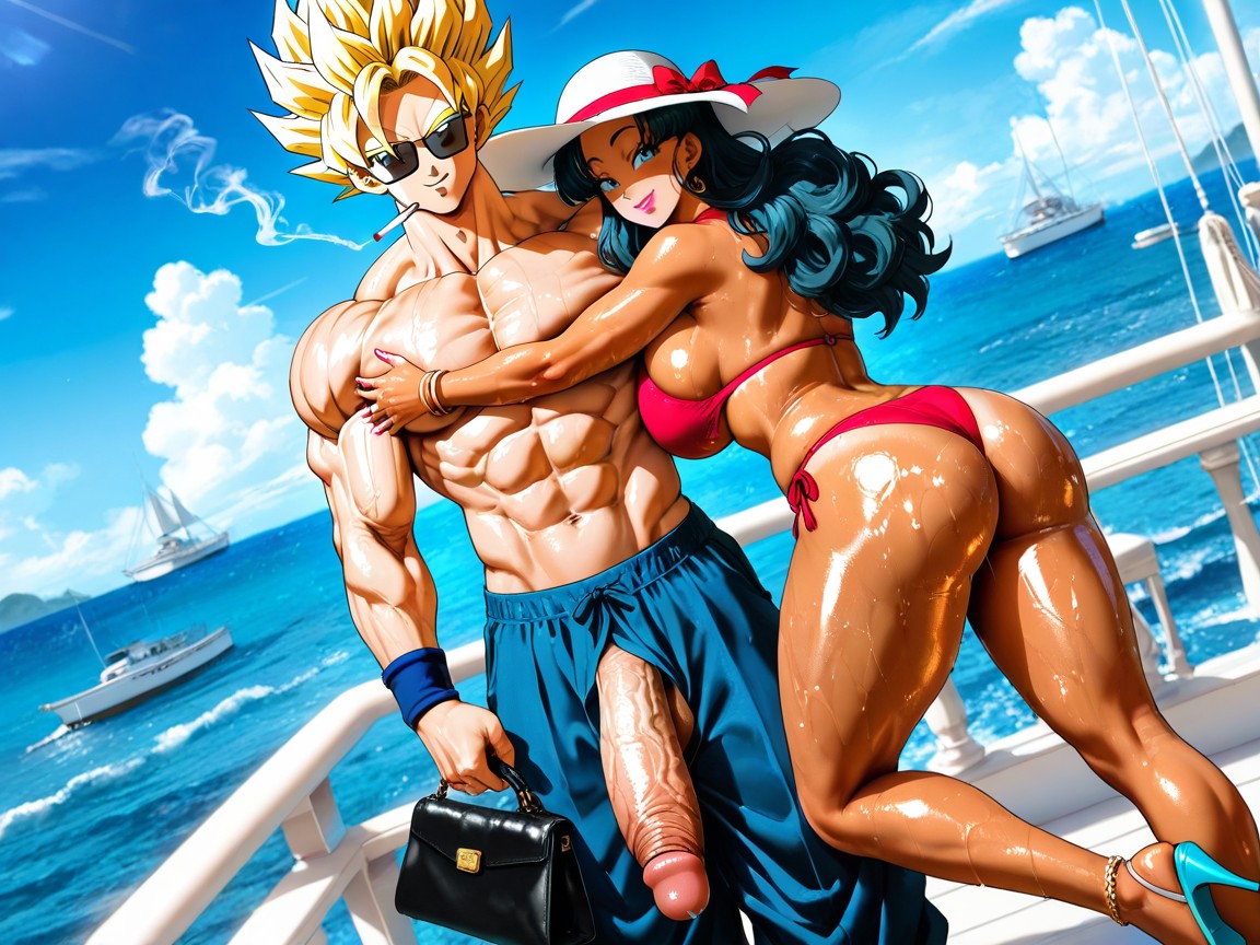 Greeting Hug, Super Saiyan Gohan From Dragonball Z Hugging Chichi, Wearing A Large White Ladies Sunhat Hentai AI Porn