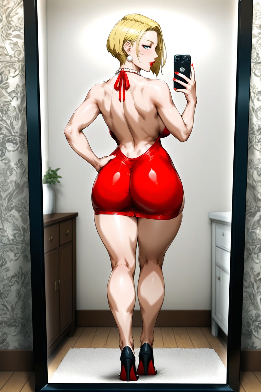 She Is Standing In Front Of A Mirror, Focus On Ass In Dress, Thong To The Side Hentai IA